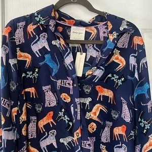 NWT Anthropologie Silk Blouse with artistic cat design